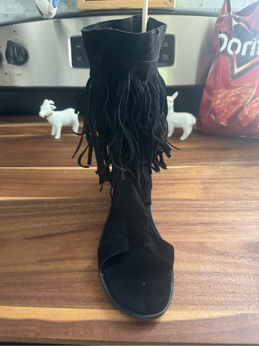 Black Fringe Open-Toe Women’s Sandal Boot